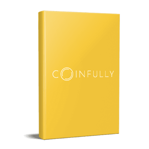 Coinfully downloadable guide with a bold yellow cover and minimalist design. The clean typography and circular 'O' logo highlight cryptocurrency and financial themes.