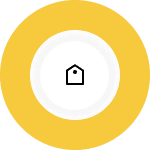 A clean, minimalist icon featuring a house-like price tag in the center of a yellow background with a bold black circular border, symbolizing affordable real estate or pricing accuracy.