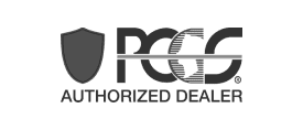 PCGS logo features a shield graphic symbolizing trust and security beside the acronym 'PCGS.' Beneath it, 'Authorized Dealer' signifies legitimacy in coin grading.