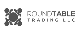 Logo for RoundTable Trading LLC. The design features a central icon resembling a circular table with four abstract figures symbolizing collaboration, paired with modern text conveying professionalism.