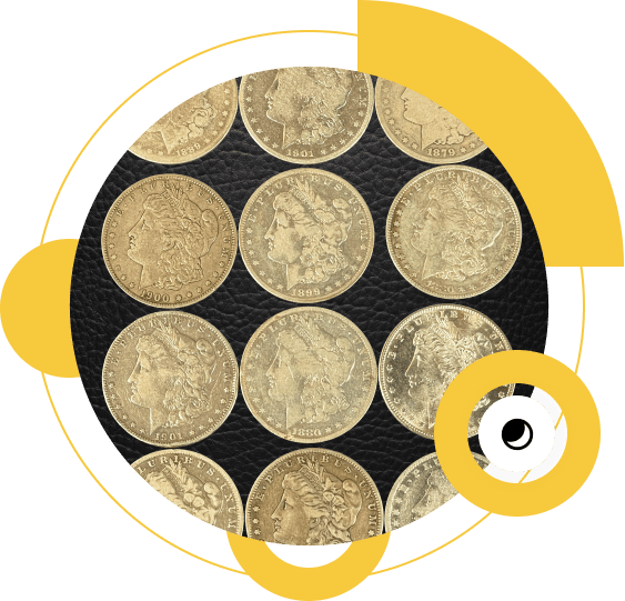 A circular arrangement of collectible gold coins on a dark, textured background, surrounded by yellow geometric designs symbolizing analysis, wealth, and historical appraisal.