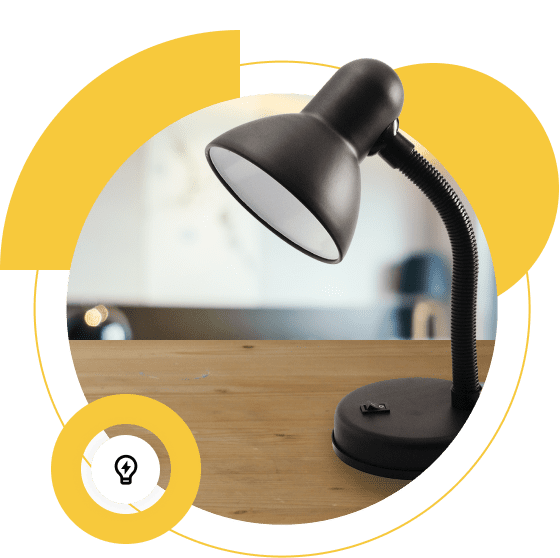 A modern table lamp with a sleek black finish, flexible neck for adjustable lighting, set on a wooden surface with a blurred cozy room background and vibrant yellow graphic elements.