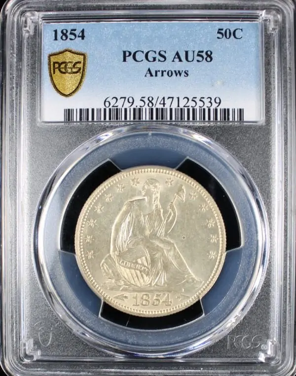 Close-up of an 1854 Seated Liberty Silver Half Dollar, presented in a clear guarantee package. Sell to Coinfully.
