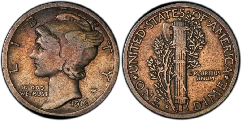 Detailed image of 1916 10C Mercury dime showing both front and back views, highlighting key design elements.