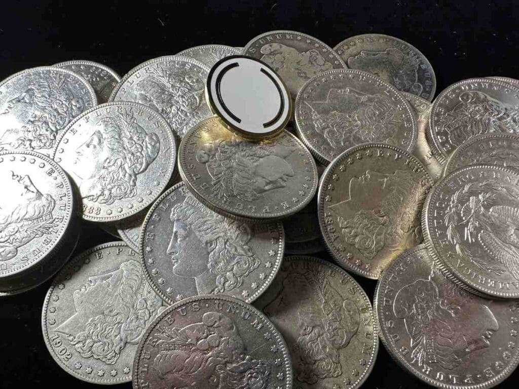 A collection of rare Carson City Morgan Dollars, showcasing the unique luster and intricate designs from the late 19th century.