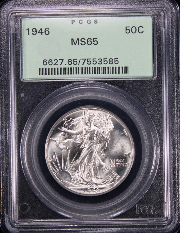 Front view of a 1946 Walking Liberty Half Dollar, securely encased in a guarantee package, highlighting its historic design and preservation.